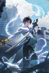 1boy aoiinu0125 asaba_harumasa black_choker black_gloves black_hair black_pants blue_sky choker cityscape cloud gloves headband highres holding holding_sword holding_weapon lightning looking_at_viewer male_focus outdoors pants parted_bangs partially_fingerless_gloves shirt short_hair sky smile solo standing sword weapon white_shirt yellow_headband zenless_zone_zero