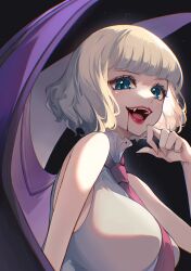 1girl black_background blonde_hair blood blood_in_mouth blue_eyes blunt_bangs breasts commentary crazy_otama fangs highres large_breasts necktie one_piece open_mouth pink_lips pink_necktie short_hair simple_background sleeveless smile solo stussy_(one_piece) upper_body vampire white_wings wings