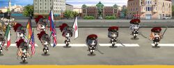 absurdres american_flag angelia_(girls&#039;_frontline) black_hair blonde_hair blue_eyes brown_hair carcano_m1891_(girls&#039;_frontline) chibi conductor_baton cz2000_(girls&#039;_frontline) garrison_cap german_flag girls&#039;_frontline green_eyes grey_eyes grey_hair griffin_&amp;_kryuger_logo hat helianthus_(girls&#039;_frontline) helmet highres instrument italian_flag japanese_flag kalina_(girls&#039;_frontline) kar98k_(girls&#039;_frontline) lee-enfield_(girls&#039;_frontline) long_hair m1_garand_(girls&#039;_frontline) marching marching_band mosin-nagant_(girls&#039;_frontline) multicolored_hair orange_hair pink_hair pith_helmet plume purple_hair red_eyes russian_flag shako_cap short_hair sier_(girls&#039;_frontline) sword symbol-shaped_pupils the_mad_mimic trombone two-tone_hair type_4_(girls&#039;_frontline) union_jack weapon white_hair x-shaped_pupils yellow_eyes