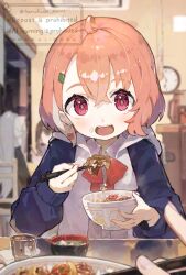 1girl 3others :d blue_sleeves blurry blurry_background bow bowl bowtie chopsticks collared_shirt commentary_request crossed_bangs earrings eating fangs food food_on_face hair_between_eyes hair_ornament hairclip harufude holding holding_bowl holding_chopsticks hood hood_down hooded_jacket jacket jewelry long_sleeves looking_at_viewer miso_soup multiple_others nijisanji open_clothes open_jacket open_mouth pink_eyes pink_hair pink_nails pov pov_across_table pov_hands red_bow red_bowtie rice rice_on_face sasaki_saku shirt short_hair smile solo_focus virtual_youtuber watermark white_jacket white_shirt
