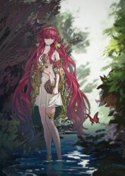 Rule 34 | 1girl, absurdres, bare shoulders, basket, blue eyes, bottle, bug, butterfly, capelet, dress, full body, green capelet, green hairband, hairband, hei lieba, highres, holding, holding basket, insect, long hair, looking at animal, looking down, low twintails, official alternate costume, outdoors, plant, red butterfly, red hair, reverse:1999, short dress, sleeveless, sleeveless dress, solo, thigh strap, twintails, very long hair, wading, water, white dress, yenisei (around the riverbend) (reverse:1999), yenisei (reverse:1999)