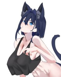 1girl absurdres animal_ears black_tank_top blue_eyes blue_hair breasts cat_ears cat_girl cat_tail cleavage crop_top highres hololive hololive_english huge_breasts koizumi_arata medium_hair navel no_panties ouro_kronii simple_background solo tail tank_top virtual_youtuber white_background