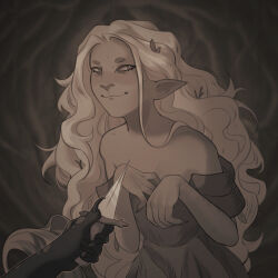 1girl absurdres artist_name bare_shoulders dress greyscale highres holding holding_knife knife knife_cat_(meme) long_hair looking_at_viewer meme monochrome paw_pose princess_(slay_the_princess) slay_the_princess smug solo standing the_hero_(slay_the_princess) the_witch_(slay_the_princess) zavtrakturista