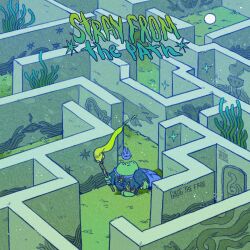 1boy albabg artist_logo artist_name bush cape day english_text frog frog_boy grass grog_the_frog highres holding holding_staff jumpsuit logo looking_up mage_staff maze mural nature original outdoors plant scenery signature solo staff standing wide_shot