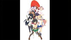 5girls absurdres arm_behind_head armored_boots ass asuka_(senran_kagura) black_bow black_hair black_pantyhose blonde_hair blue_buruma blue_eyes blue_hairband blue_necktie blue_skirt blunt_bangs boots bow breasts brown_jacket brown_shoes brown_vest buruma cross-shaped_pupils eyepatch gloves green_eyes green_skirt grey_thighhighs hair_bow hair_ribbon hairband hibari_(senran_kagura) highres holding holding_sword holding_umbrella holding_weapon ikaruga_(senran_kagura) jacket katsuragi_(senran_kagura) large_breasts leaning_forward light_frown long_hair looking_at_viewer medium_hair multiple_girls navel necktie non-web_source official_art oil-paper_umbrella one_eye_closed open_clothes open_mouth open_shirt pantyhose pillarboxed pink_hair ponytail red_eyes red_necktie red_scarf red_skirt ribbon scarf senran_kagura senran_kagura_shoujo-tachi_no_shin&#039;ei shirt shoes shuriken_hair_ornament skirt smile socks sword symbol-shaped_pupils thighhighs track_jacket twintails umbrella vest weapon white_background white_gloves white_hair white_jacket white_ribbon white_shirt white_shoes white_socks yaegashi_nan yagyu_(senran_kagura)