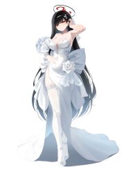 1girl absurdres alternate_costume armpits bare_shoulders black_hair black_halo blue_archive bouquet breasts cleavage commentary covered_navel dongyu dress flower full_body garter_straps halo hand_up hashtag-only_commentary highres large_breasts long_dress long_hair looking_at_viewer parted_lips red_eyes rio_(blue_archive) shoes simple_background solo standing strapless strapless_dress thighhighs veil very_long_hair wedding_dress white_background white_dress white_flower white_garter_straps white_shoes white_thighhighs white_veil