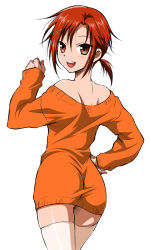 10s 1girl ass bare_shoulders blush female_focus hand_on_own_hip hino_akane_(smile_precure!) looking_at_viewer looking_back naked_sweater open_mouth orange_shirt precure red_eyes red_hair shirt short_hair simple_background smile_precure! solo sweater thighhighs tomboy wauwa white_background