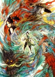 1girl 2boys arm_at_side arm_guards beard black_hair breasts character_request chinese_commentary closed_eyes colorful dragon eastern_dragon facial_hair facing_viewer feng_yu_zhou fire floating floating_hair floating_object hat highres long_hair looking_at_viewer looking_away looking_back monster multiple_boys pants sash short_sleeves sleeveless spiral straw_hat tataka510 topknot twintails