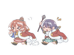 Rule 34 | &gt; &lt;, 2girls, :d, ^ ^, aijou karen, arm up, ascot, belt, belt buckle, black boots, blue jacket, blunt bangs, blush, boots, brown hair, buckle, chasing, chibi, chibi only, chinese commentary, closed eyes, commentary request, crown, dust cloud, epaulettes, from side, fur-trimmed jacket, fur trim, green jacket, green skirt, hand up, highres, holding, holding weapon, jacket, jacket on shoulders, long hair, long sleeves, love judgement (mace), mace, mini crown, miniskirt, motion lines, multiple girls, nose blush, notice lines, one side up, open mouth, outstretched arm, pleated skirt, purple hair, red jacket, red sash, red skirt, rei931218, running, sash, short hair, shoujo kageki revue starlight, shoulder sash, sidelocks, simple background, single horizontal stripe, skirt, smile, striped clothes, striped skirt, tassel, tearing up, tilted headwear, tsuyuzaki mahiru, waist cape, wavy mouth, weapon, white ascot, white background, white sash, yellow belt