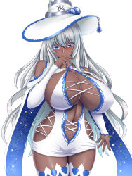 1girl bare_shoulders blue_eyes boots breasts center_opening cleavage cowboy_shot curvy dark-skinned_female dark_skin detached_sleeves hat highres hip_vent huge_breasts large_hat long_hair looking_at_viewer navel original plump rough_(riferio) shiny_skin smile solo thigh_boots white_hair witch witch_hat