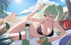 4girls absurdres aokumo_rin arm_rest arm_up ball bare_shoulders basket beach beach_mat beachball bikini bikini_under_skirt black_bikini blue_eyes blue_sky bottle bread breasts buried cleavage closed_eyes cloud collarbone commentary cone_hair_bun day double_bun food fruit green_eyes green_hair hair_between_eyes hair_bun hanako_nana highres korean_commentary large_breasts lens_flare long_hair looking_at_viewer lotion lying microskirt mountainous_horizon multicolored_hair multiple_girls nail_polish navel on_back on_side one_eye_closed open_mouth outdoors palm_tree partially_buried pink_hair pink_nails pleated_skirt sand skirt sky smile stellive stomach streaked_hair sun sunlight sunscreen swimsuit tenko_shibuki thigh_strap thighs tree triangle_mouth twintails virtual_youtuber water_bottle watermelon watermelon_slice white_hair white_skirt yt9676 yuzuha_riko