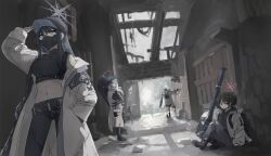 4girls arius_squad_(blue_archive) atsuko_(blue_archive) baseball_cap black_hair black_mask blue_archive blue_eyes cape coat commentary_request crop_top desuyone0502 fim-92_stinger gun hair_over_one_eye halo hat highres hiyori_(blue_archive) hood hoodie long_hair long_sleeves mask misaki_(blue_archive) mouth_mask multiple_girls navel on_floor pants purple_hair red_eyes rocket_launcher saori_(blue_archive) short_hair side_ponytail stomach weapon weapon_case white_coat