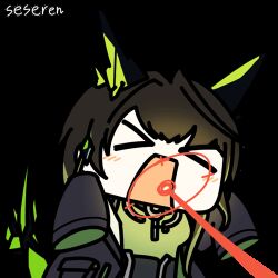 Rule 34 | &gt; &lt;, 1girl, ahoge, animal ears, animated, animated gif, arknights, artist name, black hair, black jacket, blush, chibi, closed eyes, commentary request, dress, fake animal ears, flapping, green dress, hair intakes, huge ahoge, jacket, long hair, lowres, mon3tr (arknights), mouth beam, off shoulder, open clothes, open jacket, open mouth, seseren, simple background, sleeves past fingers, sleeves past wrists, solo, tail, upper body, white background