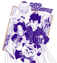 1girl 3boys abs alternate_costume blush bow bracer cape child churro clothes_pull crossover disneyland dragon_ball dragonball_z english_text fenyon food gotenks hair_bow halloween happy_halloween hat highres holding holding_food jack_skellington low_twintails mask metamoran_vest midriff mouth_mask multiple_boys muscular muscular_child namekian navel nipples patchwork_clothes piccolo pinstripe_pattern pinstripe_shirt pointy_ears popcorn sally_(nbc) shirt shirt_pull short_hair shorts son_gohan spiked_hair spot_color sweatdrop the_nightmare_before_christmas tongue tongue_out turban twintails v videl wide-eyed