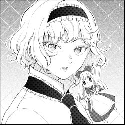 Rule 34 | 1girl, alice margatroid, capelet, collared shirt, commentary, doll, frilled hairband, frilled necktie, frills, gradient background, greyscale, hairband, highres, konruri blue, lolita hairband, monochrome, parted lips, portrait, screentones, shanghai doll, shirt, solo focus, touhou, white capelet