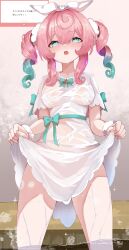 Rule 34 | 1girl, absurdres, aqua eyes, aqua hair, blush, braid, breasts, clothes lift, commentary request, dress, dress lift, excella (delltothu), highres, honkai: star rail, honkai (series), hyacine (honkai: star rail), lifting own clothes, medium breasts, multicolored hair, open mouth, pink hair, see-through clothes, see-through dress, solo, thighs, translation request, twin braids, twintails, two-tone hair, wet, wet clothes, wet dress, white dress