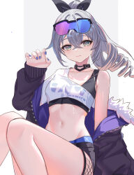 1girl absurdres black_bow black_choker black_jacket blue_nails blush bow breasts choker collarbone commentary crop_top double-parted_bangs drill_hair english_commentary eyewear_on_head green_eyes grey_hair hair_between_eyes hair_bow highres honkai:_star_rail honkai_(series) hxk8732 jacket long_hair looking_at_viewer midriff off_shoulder silver_wolf_(honkai:_star_rail) simple_background single_bare_shoulder sitting sleeves_past_wrists small_breasts smile solo