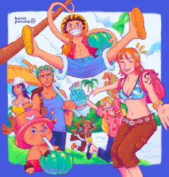 2girls 5boys ^_^ abs antlers arm_tattoo armlet artist_name bag bikini bikini_top_only black_hair blue_border blue_nose blue_tank_top border bracelet brown_shorts burntpancke cigarette closed_eyes commentary cowboy_hat dark-skinned_male dark_skin drinking_straw earrings english_commentary food full_body goggles goggles_around_neck goggles_on_head green_hair hat highres holding holding_food holding_sword holding_weapon horns jewelry long_nose looking_at_viewer medium_hair monkey_d._luffy multiple_boys multiple_girls nami_(one_piece) nami_(one_piece)_(skypiea) nico_robin nico_robin_(skypiea) one_piece open_clothes open_shirt orange_hair pink_hat pink_shirt redrawn reindeer_antlers roronoa_zoro sandals sanji_(one_piece) scar scar_on_face shirt short_hair shorts shoulder_bag straw_hat straw_hat_pirates swimsuit sword tank_top tattoo tony_tony_chopper usopp weapon