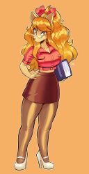1girl absurdres book breasts ceroba female_focus full_body furry furry_female glasses hand_on_own_hip high_heels highres jamoart large_breasts long_hair looking_at_viewer matching_hair/eyes orange_eyes orange_hair pantyhose secretary simple_background solo thick_thighs thighs undertale undertale_yellow