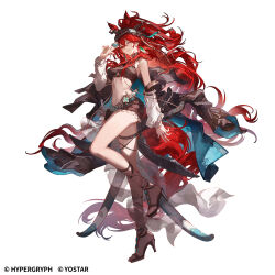 1girl animal_ears arknights bare_shoulders belt between_fingers bikini black_belt black_bikini black_coat blue_coat boots breasts brown_boots chinese_commentary closed_mouth coat commentary_request copyright_notice crop_top crossed_bangs detached_sleeves full_body hair_between_eyes high_heel_boots high_heels highres holding horse_ears horse_girl horse_tail large_breasts leg_belt leg_up long_hair long_sleeves looking_at_viewer medium_breasts narantuya_(arknights) official_art one_eye_closed puffy_long_sleeves puffy_sleeves red_eyes red_hair ribbon-trimmed_sleeves ribbon_trim satsuya simple_background smile solo standing stomach swimsuit tachi-e tail two-sided_coat two-sided_fabric unworn_coat very_long_hair wavy_hair white_background white_sleeves