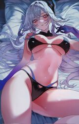 1girl alternate_costume bare_arms bikini black_bikini breasts breasts_apart commentary cowboy_shot genshin_impact grey_hair hair_between_eyes hair_ornament head_on_pillow highres large_breasts long_hair looking_at_viewer lying navel on_back on_bed parted_lips pillow red_eyes sanya_(sanya_lox228) skirk_(genshin_impact) solo stomach sweat swimsuit thighs underboob