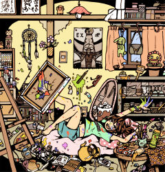 1girl absurdly_detailed_composition bare_legs barefoot blue_shorts book bookshelf bracelet brown_hair canvas_(object) cup curtains dreamcatcher electrical_outlet eraser flower garouma green_shirt hair_ornament hairclip highres jewelry leaf loaded_interior midriff navel open_book open_mouth original paint paint_splatter paint_splatter_on_face paintbrush phone pillow pink_flower plant poster_(object) potted_plant print_shirt red-framed_eyewear shelf shirt shorts smile solo spill toilet_paper tower_of_the_sun trash_can unworn_eyewear wide_shot window