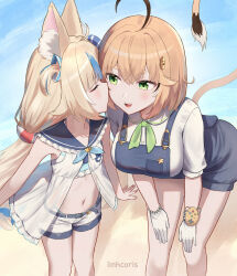 Rule 34 | 2girls, absurdres, ahoge, animal ear fluff, animal ears, blonde hair, blue hair, blue overalls, blue sailor collar, breasts, brown hair, cat ears, closed eyes, commentary, dooby (vtuber), english commentary, flat chest, green eyes, highres, indie virtual youtuber, large breasts, leaning forward, lifebuoy hair ornament, linhcoris, lion tail, low twintails, multicolored hair, multiple girls, navel, one side up, open mouth, overalls, sailor collar, sameko saba, shirt, short shorts, shorts, streaked hair, tail, teeth, twintails, upper teeth only, white shirt, white shorts, yuri