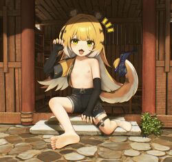 1girl absurdres animal_ear_fluff animal_ears barefoot black_gloves black_shorts blonde_hair claw_pose colored_inner_hair commentary elbow_gloves fang fingerless_gloves flat_chest full_body gloves green_eyes highres jacket ju_fufu loli long_hair looking_at_viewer multicolored_hair nipples no_bra notice_lines open_mouth raxypanda short_shorts shorts sitting soles solo tail tiger_ears tiger_girl tiger_tail toes tongue tongue_out white_hair yellow_jacket zenless_zone_zero