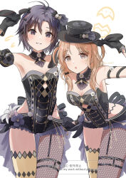 2girls :o antenna_hair arms_up asymmetrical_legwear black_eyes black_gloves black_hair black_hat black_leotard blush breasts brown_eyes brown_hair cleavage commentary_request cowboy_shot detached_collar fishnet_pantyhose fishnets gloves grin hat highres ichikawa_hinana idolmaster idolmaster_(classic) idolmaster_shiny_colors idolmaster_shiny_colors_song_for_prism kikuchi_makoto leaning_forward leotard long_hair looking_at_viewer mismatched_legwear mogskg multiple_girls pantyhose short_hair single_leg_pantyhose smile thigh_gap twitter_username watermark