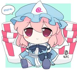 1girl azuma_meri blue_footwear blue_hat blue_kimono bucket colonel_sanders commentary cosplay english_commentary english_text full_body fumo_(doll) hat highres japanese_clothes kfc kimono looking_at_viewer mob_cap niwatari_kutaka niwatari_kutaka_(cosplay) pink_eyes pink_hair saigyouji_yuyuko short_hair solo speech_bubble touhou triangular_headpiece