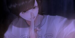 Rule 34 | 1boy, absurdres, androgynous, black eyes, black hair, cross, cross earrings, earrings, gesture request, hand up, highres, jewelry, latin cross, looking at viewer, male focus, mano aaa, mole, mole under mouth, original, parted lips, print shirt, shirt, smile, solo, swept bangs, t-shirt, translation request, upper body, white shirt