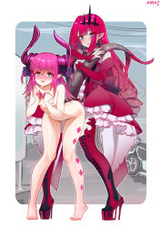 2girls absurdres asymmetrical_horns baobhan_sith_(fate) baobhan_sith_(first_ascension)_(fate) bare_legs barefoot blue_eyes boots clothed_female_nude_female detached_sleeves dragon_girl dragon_tail dress dress_flower earrings elizabeth_bathory_(fate) elizabeth_bathory_(fate/extra) fate/extra fate/extra_ccc fate/grand_order fate_(series) feet finger_cots flower grey_eyes high_heel_boots high_heels highres horns implied_futanari jewelry long_hair looking_at_viewer multiple_girls nail_polish ninai nipples nude pink_hair pointy_ears red_dress red_nails tail toenail_polish toenails uneven_horns very_long_hair