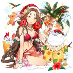 1girl bikini breasts brown_eyes brown_hair flower hair_flower hair_ornament holding holding_flower ice_(ice_aptx) jewelry kushinada_(uchi_no_hime-sama) light_smile long_hair multicolored_eyes necklace palm_tree red_sarong santa_bikini santa_costume sarong see-through_clothes see-through_sarong snowman swimsuit teeth tree uchi_no_hime-sama_ga_ichiban_kawaii very_long_hair yellow_eyes