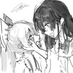 2girls blood blood_from_mouth blood_on_face bow bowtie crazy_eyes crazy_smile fujiwara_no_mokou hands_on_another&#039;s_face hime_cut houraisan_kaguya long_hair long_sleeves mont_blanca multiple_girls nosebleed parted_lips ponytail scared sidelocks signature simple_background sketch smile tearing_up touhou white_background yandere yuri