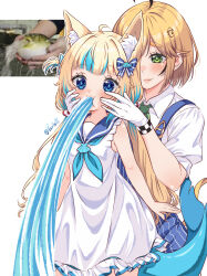 2girls absurdres ahoge animal_ear_fluff animal_ears black_hair blonde_hair blue_bow blue_eyes blue_hair blue_overalls blue_pants bow breasts cat_ears cat_girl closed_mouth commentary dooby_(vtuber) dress english_commentary fins fish fish_tail gloves green_eyes hair_bow highres indie_virtual_youtuber long_hair looking_at_another medium_hair multicolored_hair multiple_girls open_mouth overalls pants photo-referenced puffer_fish sameko_saba shark_girl shark_tail shirt short_sleeves side_ponytail sleeveless sleeveless_dress small_breasts smile standing tail varliet virtual_youtuber vomiting white_background white_dress white_gloves white_shirt