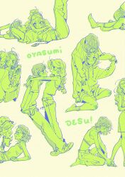 2girls arai_sumiko braid commentary green_theme highres hood hoodie kininatteru_hito_ga_otoko_ja_nakatta koga_mitsuki long_hair long_sleeves monochrome multiple_girls multiple_views oosawa_aya pants romaji_text shirt shoes short_hair short_sleeves sleeveless sleeveless_sweater socks sports_bra sweater twin_braids twitter_username yuri