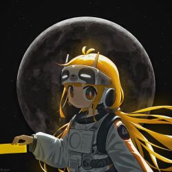 1girl absurdres astronaut blonde_hair bright_pupils brown_eyes commentary english_commentary head-mounted_display highres low_twintails moon original pungsun signature sky smile solo space spacesuit star_(sky) starry_sky twintails upper_body white_pupils