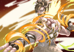 1boy absurdres back brown_eyes brown_hair commentary dumbbell eikthyrnir_(fire_emblem) fire_emblem fire_emblem_heroes highres holding holding_dumbbell male_focus mask mouth_mask muscular muscular_male nintendo short_hair solo ubakw