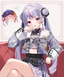 1girl blush breasts chibi chibi_inset cleavage cleavage_cutout closed_eyes clothing_cutout commentary_request couch crop_top double_bun earrings fang finger_to_own_chin hair_bun hair_ornament hairclip hat highres jacket jewelry looking_at_viewer low_twintails midriff mole mole_under_eye multicolored_hair navel nijisanji ofuda on_couch open_clothes open_jacket open_mouth pink_hair purple_eyes purple_hair sasaki_saku sasaki_saku_(5th_costume) see-through_cleavage see-through_clothes short_eyebrows sitting skirt streaked_hair thick_eyebrows tosaki_mimi tosaki_mimi_(6th_costume) twintails virtual_youtuber vspo! yatani_row