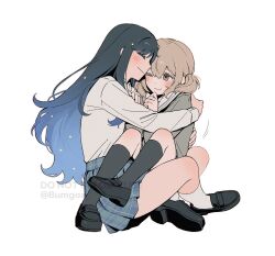 2girls azusawa_kohane black_hair black_necktie black_shoes black_socks blue_hair blue_skirt blush brown_eyes brown_hair closed_eyes closed_mouth collared_shirt commentary crossed_legs english_text facing_another gradient_hair grey_shirt hair_between_eyes hair_ornament hand_on_another&#039;s_back hand_on_another&#039;s_shoulder hand_up hands_up hashtag-only_commentary heads_together highres hug invisible_floor kamiyama_high_school_uniform_(project_sekai) kneehighs loafers long_hair long_sidelocks long_sleeves looking_at_another miyamasuzaka_girls&#039;_academy_school_uniform motion_lines multicolored_hair multiple_girls necktie no_jacket one_eye_closed plaid_clothes plaid_skirt project_sekai sailor_collar school_uniform serafuku shiraishi_an shirt shoes sidelocks simple_background sitting sitting_on_lap sitting_on_person skirt smile socks star_(symbol) star_hair_ornament striped_necktie twintails twitter_username watermark white_background white_sailor_collar white_shirt wo_habum yuri