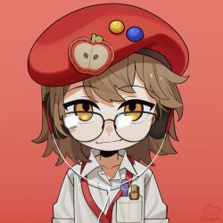 1girl artist_name beret black-framed_eyewear breast_pocket brown_hair closed_mouth collared_shirt deformed glasses hat headphones lanyard looking_at_viewer looking_over_eyewear object_in_pocket official_alternate_costume orange_eyes pen_in_pocket pocket red_background red_hat regulus_(reverse:1999) reverse:1999 shiogaki shirt short_hair smile solo upper_body white_shirt