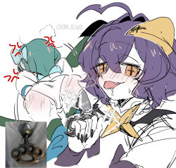 2girls ahoge an_sin anger_vein bow brass_knuckles butt_plug commentary fang forward-facing_horns green_hair hair_bow highres hiiragi_utena horns long_hair looking_at_viewer magia_azure magia_baiser mahou_shoujo_ni_akogarete medium_hair minakami_sayo multiple_girls nail_polish panties photo_inset purple_eyes saliva sex_toy simple_background star-shaped_pupils star_(symbol) symbol-shaped_pupils tongue tongue_out underwear weapon white_background white_panties yellow_eyes you_gonna_get_raped yuri