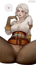 1girl artist_name belt ciri commentary corset crotch english_commentary facial_scar gloves green_eyes heart highres hotaru_sen leather leather_gloves leather_pants looking_at_viewer medium_hair paid_reward_available pants patreon_username scar scar_across_eye scar_on_cheek scar_on_face sitting solo spoken_heart spread_legs sweat the_witcher_(series) the_witcher_3 white_background white_hair