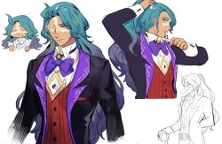 Rule 34 | 1boy, adjusting hair, arm behind head, black jacket, blue hair, bow, bowtie, cane, closed eyes, closed mouth, collared shirt, commentary, dark-skinned male, dark skin, dr. hell (tales runner), english commentary, gradient hair, grey eyes, hair lift, hair ornament, hair tie, hair tie in mouth, highres, holding, holding own hair, holding toothbrush, jacket, long hair, long sideburns, long sleeves, male focus, monocle, mouth hold, multicolored hair, multiple views, open clothes, open jacket, panda hair ornament, puff of air, purple bow, red vest, scar, scar on face, shanhujiao, shirt, sideburns, simple background, sweat, tales runner, toothbrush, toothpaste, tying hair, very long hair, vest, white background, white shirt, wing collar
