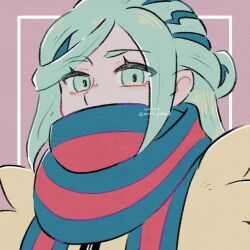 1boy blue_eyes blue_hair blue_mittens blue_scarf conachun creatures_(company) eyelashes game_freak grusha_(pokemon) highres jacket long_hair looking_at_viewer male_focus mittens nintendo pokemon pokemon_(creature) pokemon_sv purple_background red_scarf scarf scarf_over_mouth simple_background solo striped_clothes striped_scarf two-tone_scarf upper_body yellow_jacket