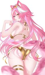 1girl 707arisu animal_ear_fluff animal_ears ass back bikini breasts butt_crack cat_ears cat_girl cat_tail eyewear_on_head from_behind gold_bikini gold_thighlet golden_week hair_intakes halterneck highres hololive hololive_english large_breasts long_hair looking_at_viewer looking_back pink_hair raora_panthera side-tie_bikini_bottom simple_background solo string_bikini sunglasses swimsuit tail very_long_hair virtual_youtuber white_background yellow_eyes