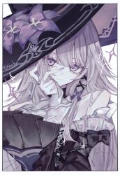 1girl 4xcho absurdres bare_shoulders black_dress closed_mouth dress flower hair_over_shoulder hat hat_flower herta_(honkai:_star_rail) highres honkai:_star_rail honkai_(series) large_hat long_hair looking_at_viewer partially_colored purple_eyes purple_flower smile solo the_herta_(honkai:_star_rail) witch_hat