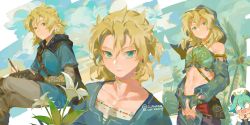 Rule 34 | 1boy, 1girl, albedo (genshin impact), artist name, bishounen, blonde hair, blue shirt, blush, closed mouth, cosplay, crossdressing, crossover, cwilocky, genshin impact, glasses, green eyes, green hair, hat, highres, link, link (cosplay), looking at viewer, male focus, midriff, multiple views, nintendo, outdoors, palm tree, pants, pen, shirt, sitting, sucrose (genshin impact), the legend of zelda, tree, upper body