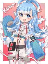 1girl :d arm_at_side blue_eyes blue_hair blue_shirt blue_sleeves blush braid character_name collared_shirt colored_tips cropped_hoodie cropped_shirt ear_piercing earrings flipped_hair grey_pants half_up_braid hand_up high_ponytail hololive hololive_indonesia hood hoodie jacket jewelry kobo_kanaeru kobo_kanaeru_(1st_costume) long_hair long_sleeves looking_at_viewer midriff multicolored_hair open_mouth pants piercing ponytail puffy_long_sleeves puffy_sleeves ringed_eyes rissaaaan see-through_clothes see-through_jacket see-through_sleeves shirt sleeves_past_fingers sleeves_past_wrists smile solo split_ponytail star_piercing teeth tight_clothes tight_pants two-tone_hair two-tone_pants upper_teeth_only virtual_youtuber wavy_hair white_hair white_hoodie white_pants