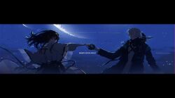 1boy 1girl absurdres arknights artist_name belt_buckle black_coat black_gloves black_hair black_skirt buckle capelet closed_eyes coat commentary cowboy_shot dancing doctor doctor_(arknights) english_commentary english_text gloves hair_ornament half-closed_eyes hetero highres holding_hands hood hooded_coat letterboxed long_hair long_sleeves male_doctor_(arknights) moon priestess_(arknights) puffy_sleeves see-through_clothes shirt skirt smile turtleneck turtleneck_shirt white_capelet white_hair white_shirt yomi_tamashi